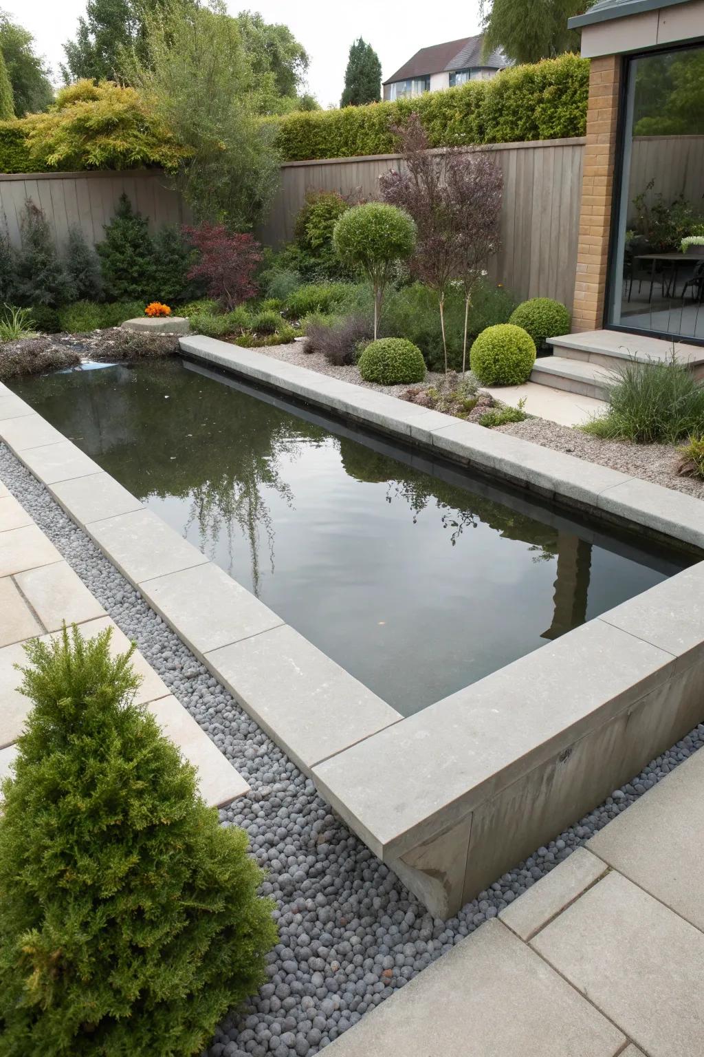 Concrete edging offers a sleek, modern finish to this raised pond.