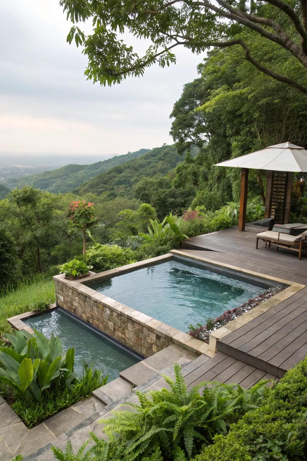 A raised pool with an integrated spa, perfect for relaxation and luxury.