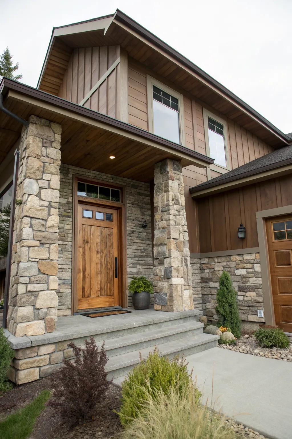 A textured raised ranch facade with stone and wood elements.