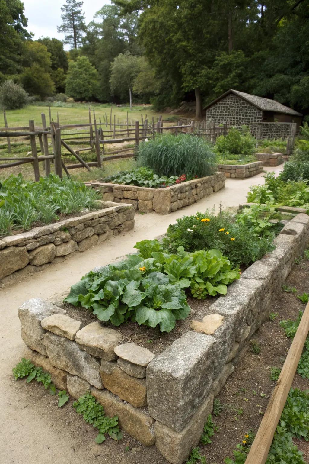 Stone block raised garden beds providing a rustic touch to the garden.