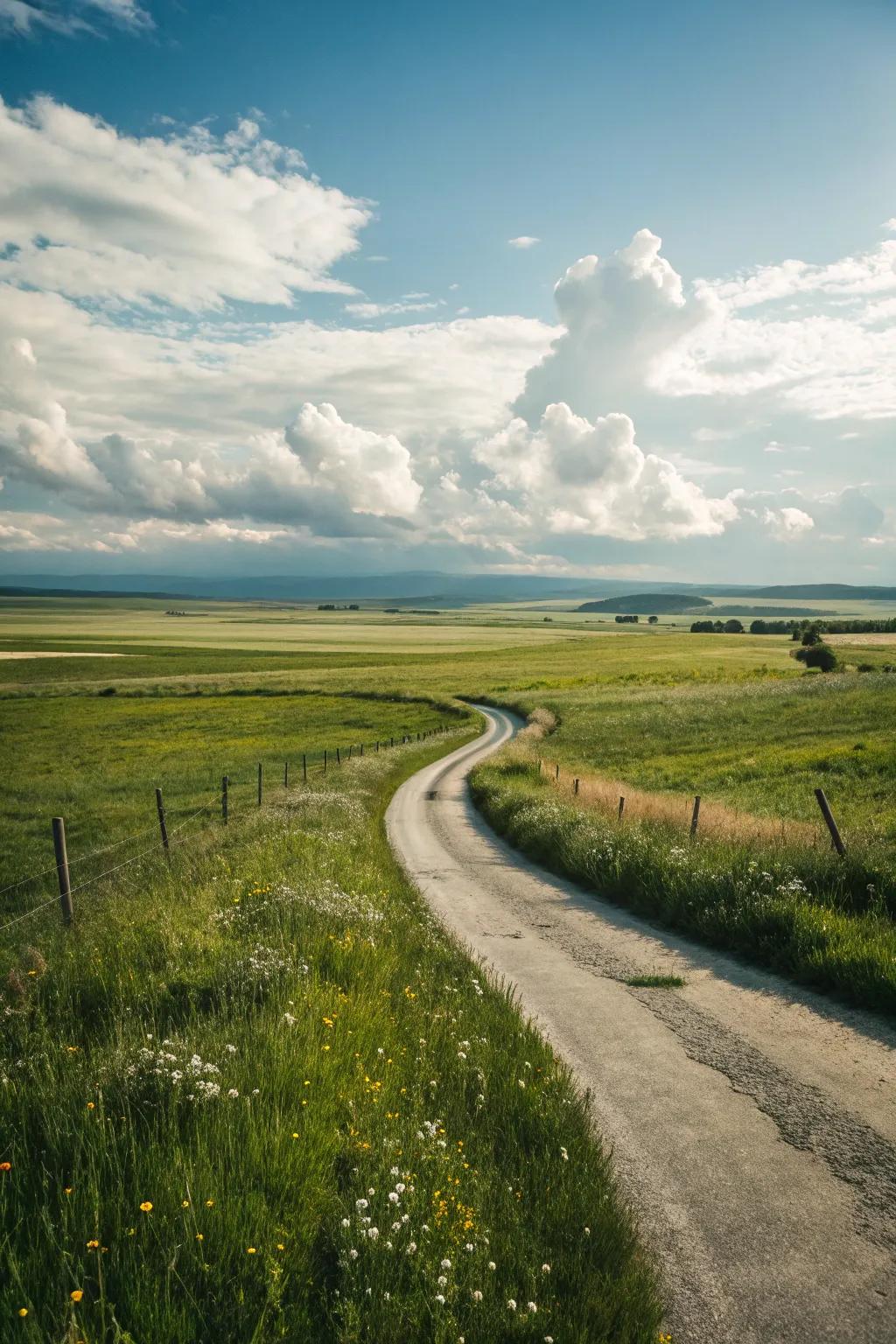 A driveway winding through an open field, offering stunning panoramic views.