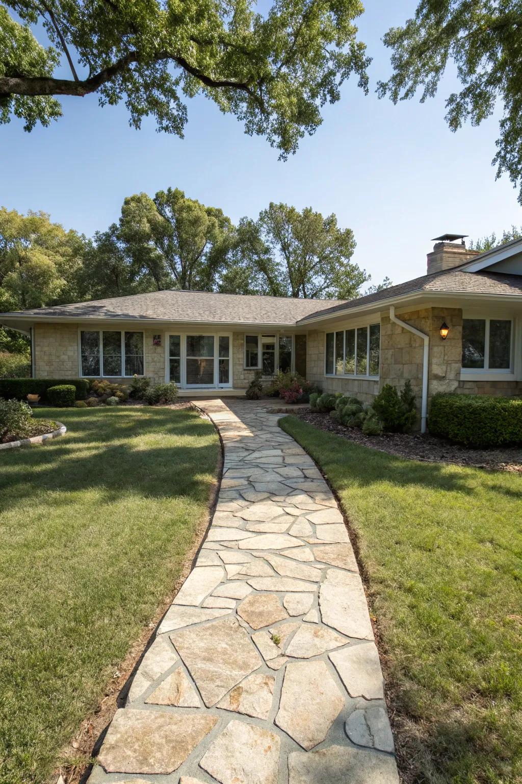 A stone walkway adds charm and accessibility to this ranch home.