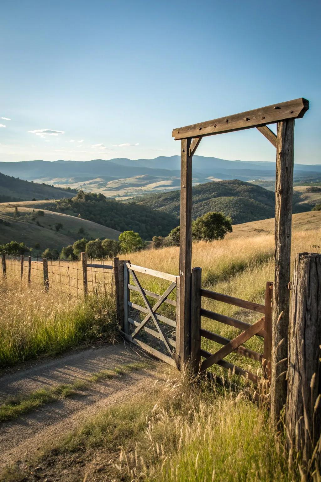 An open design gate framing a scenic view.