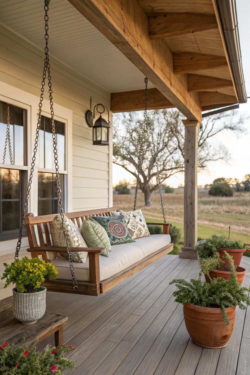 A porch swing adds charm and relaxation to this ranch house porch.