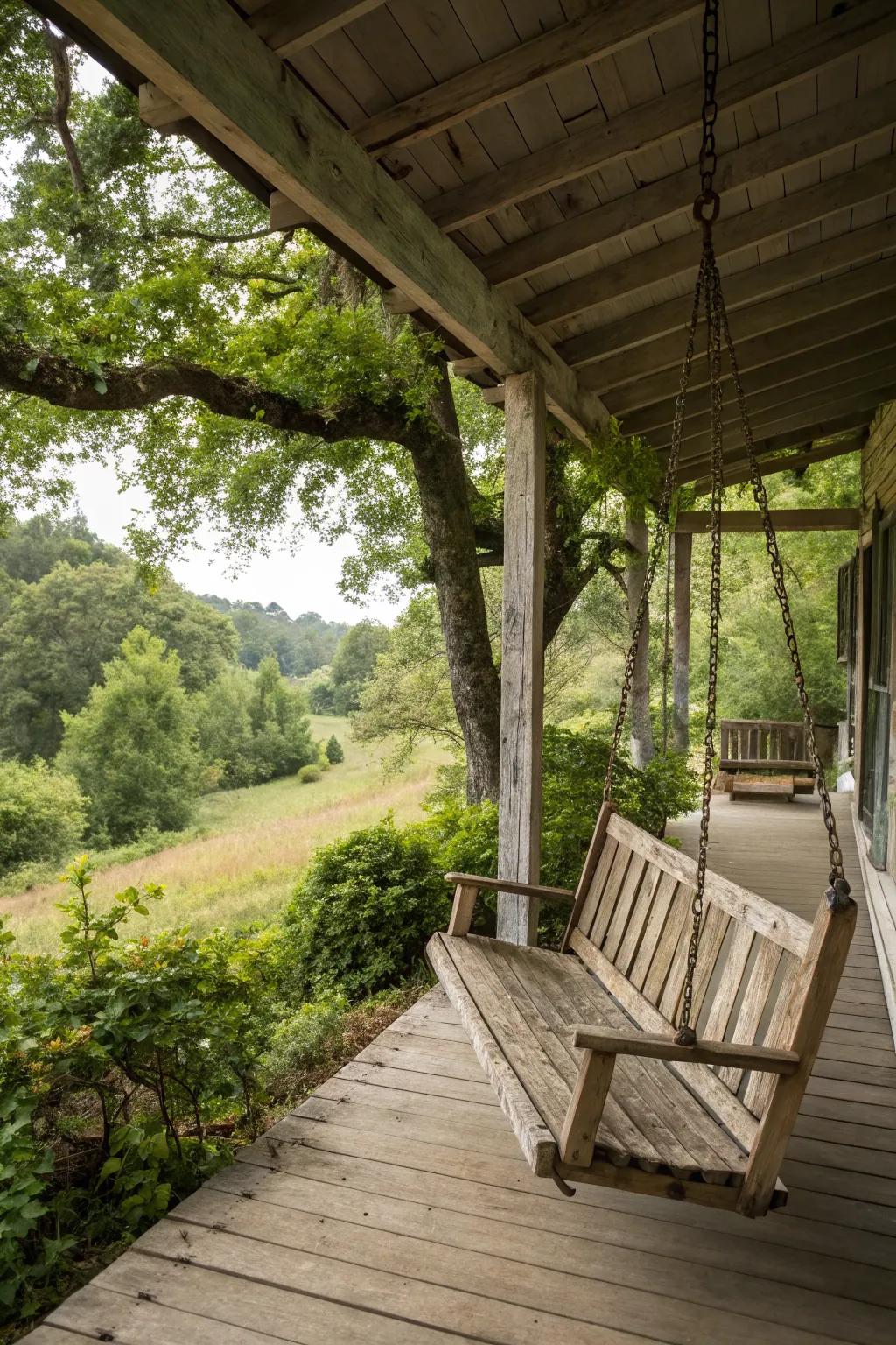 A charming porch swing offers a perfect spot for relaxation.
