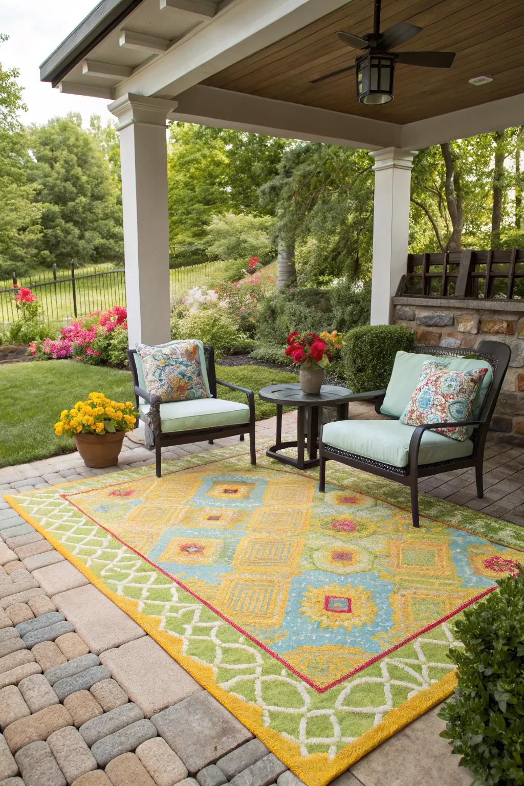 A bold outdoor rug adds definition and style to this patio.