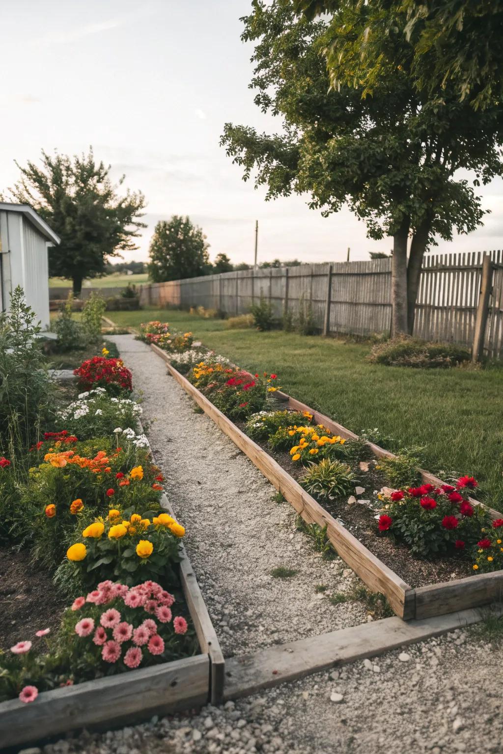 A charming gravel pathway around a rectangular flower bed, inviting exploration.
