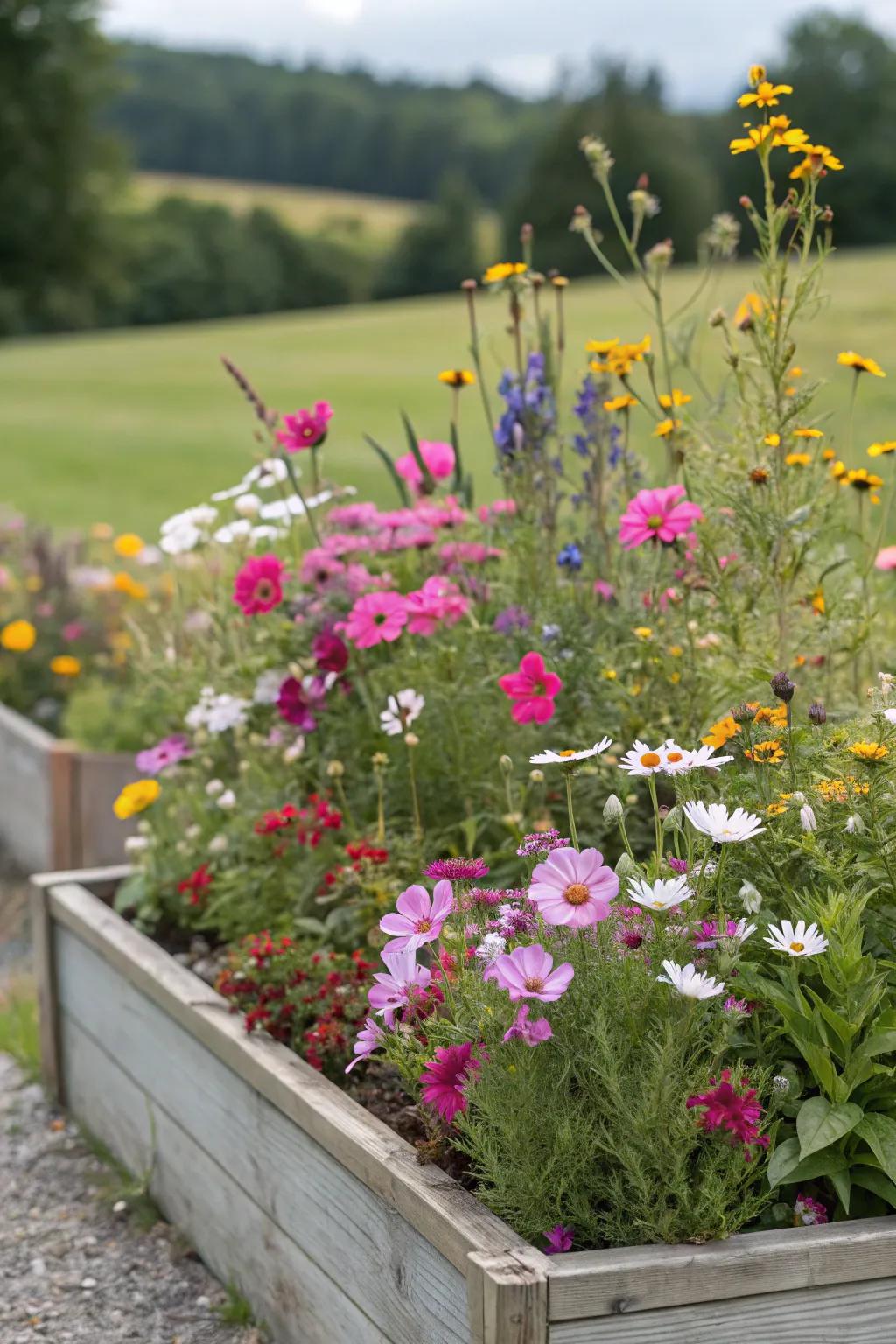 A whimsical wildflower bed alive with color and buzzing pollinators.