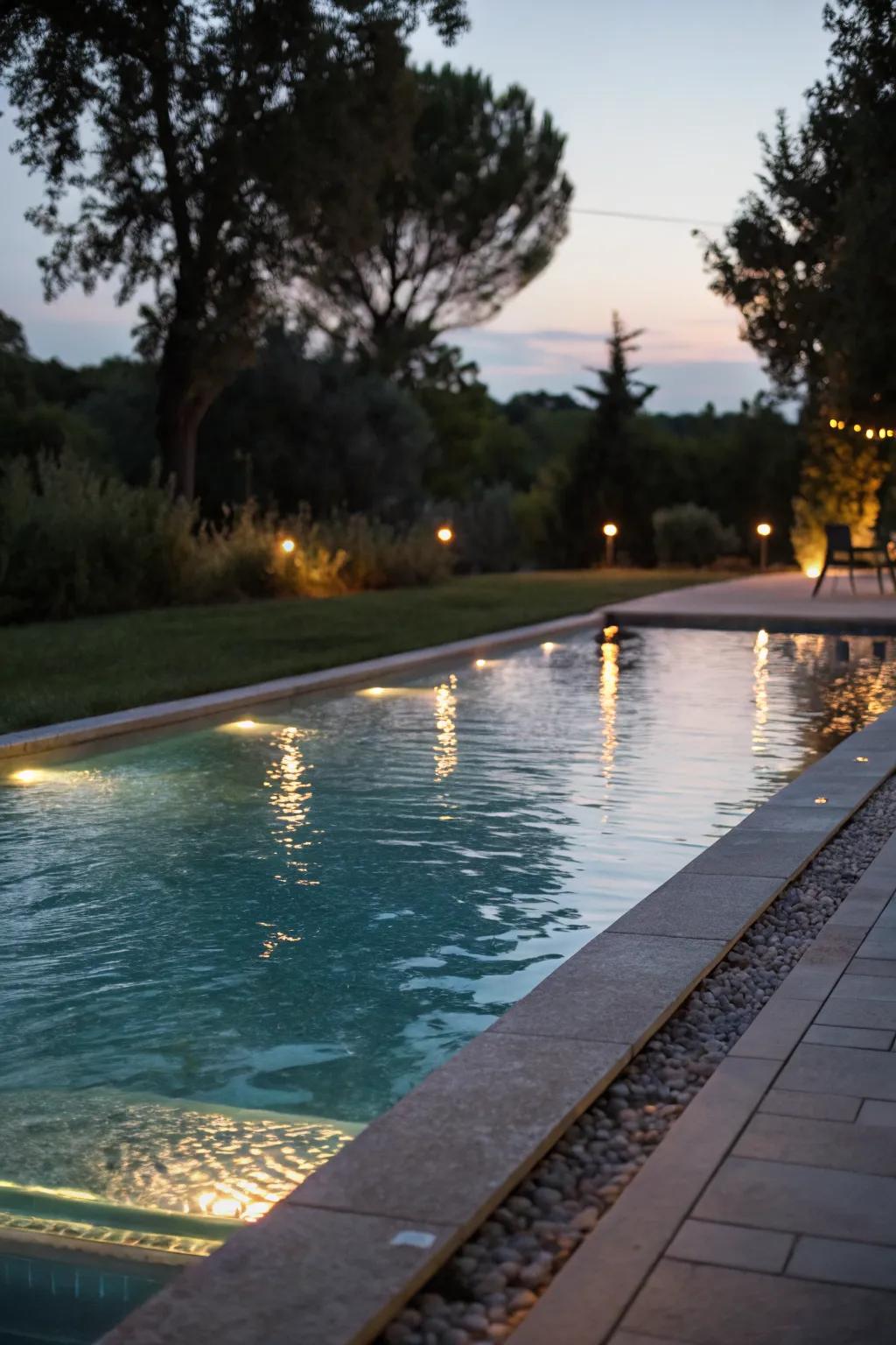 A rectangular pool glowing with ambient lighting at night