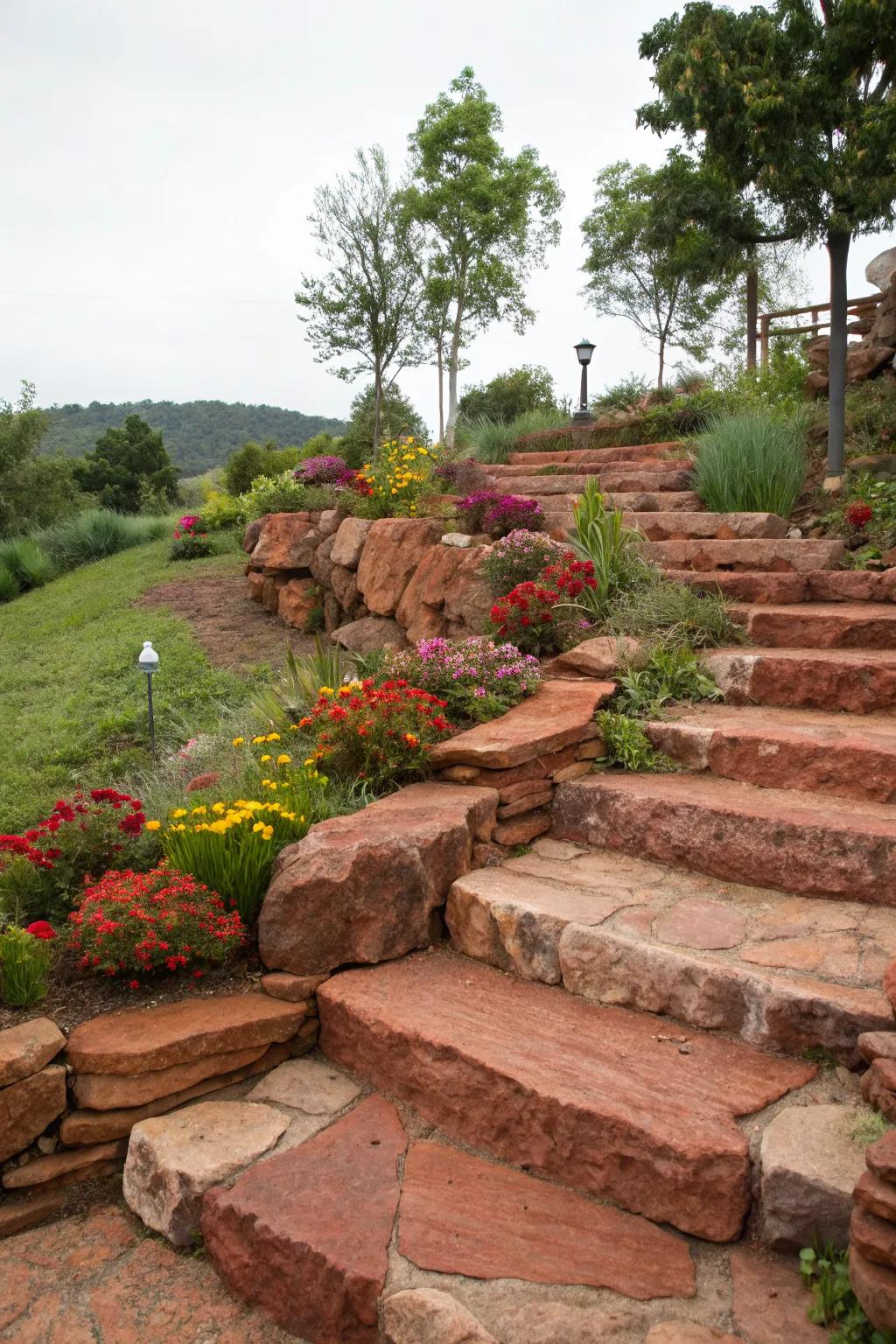 Red rock steps add height and interest to garden landscapes.