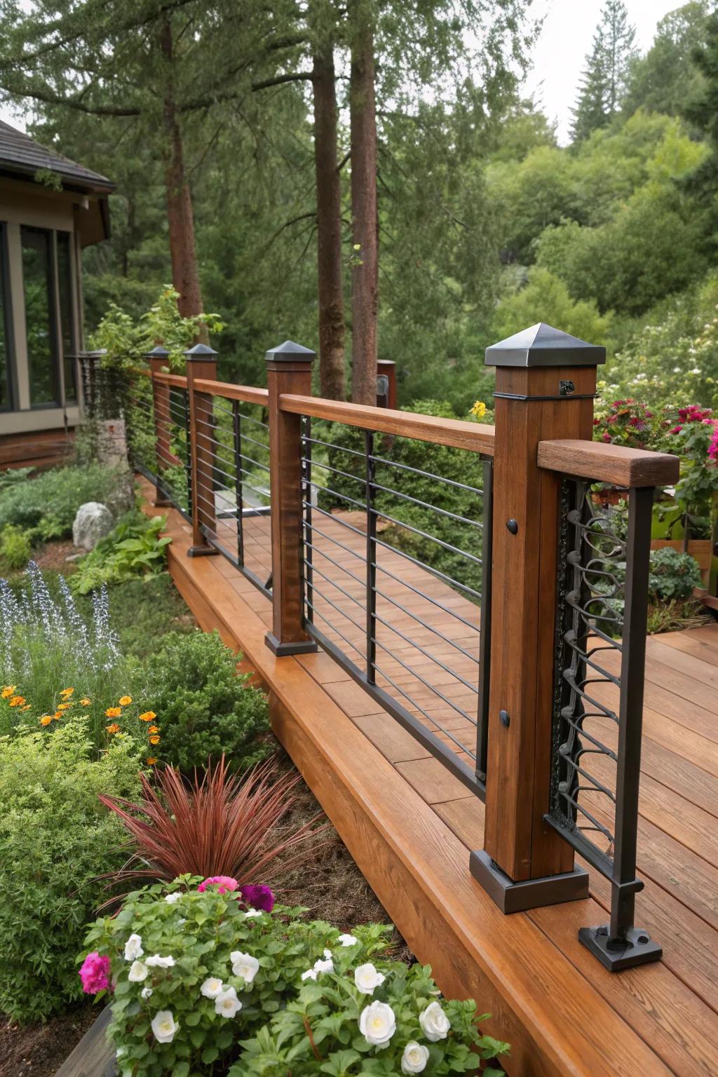 Bold and beautiful: a mix of redwood and metal in deck railings.