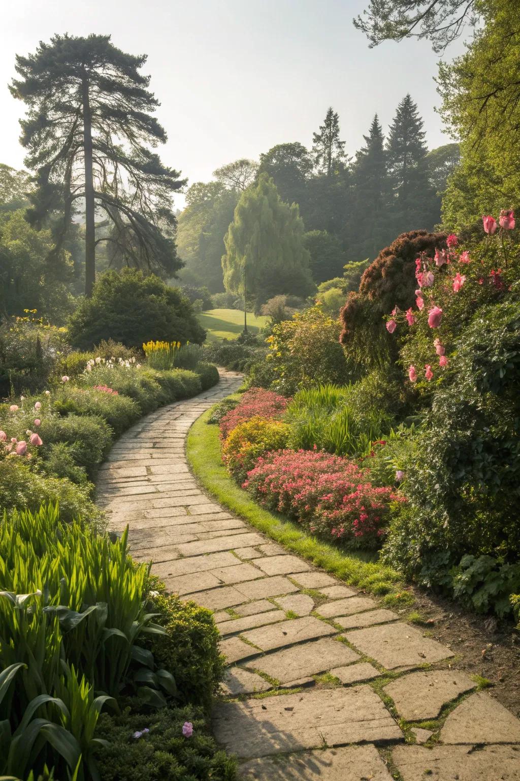 A winding stone pathway adds charm and direction.