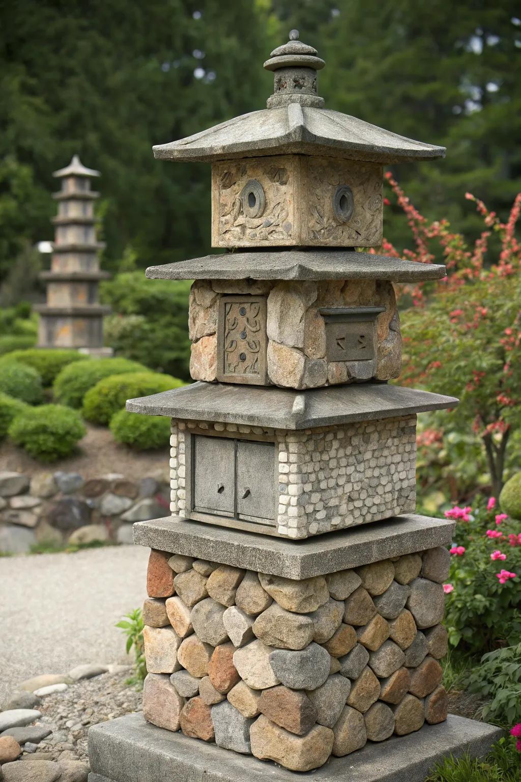 A multi-tiered stone mailbox makes a dramatic statement.