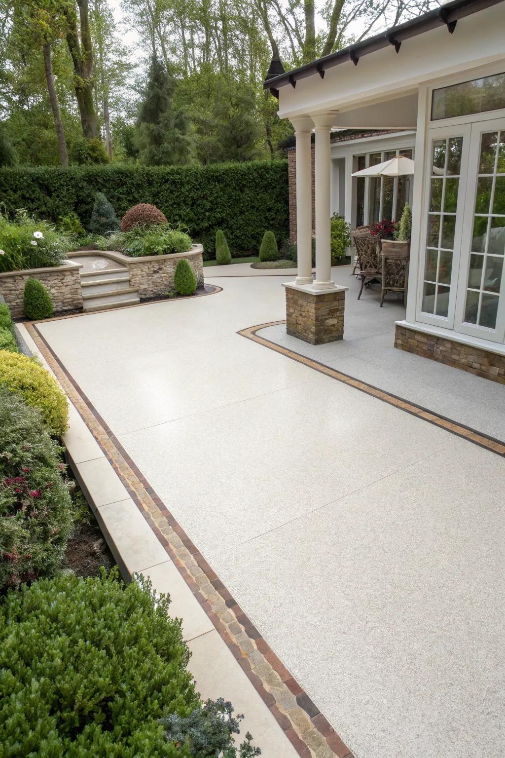 A sleek resin patio with elegantly defined borders.