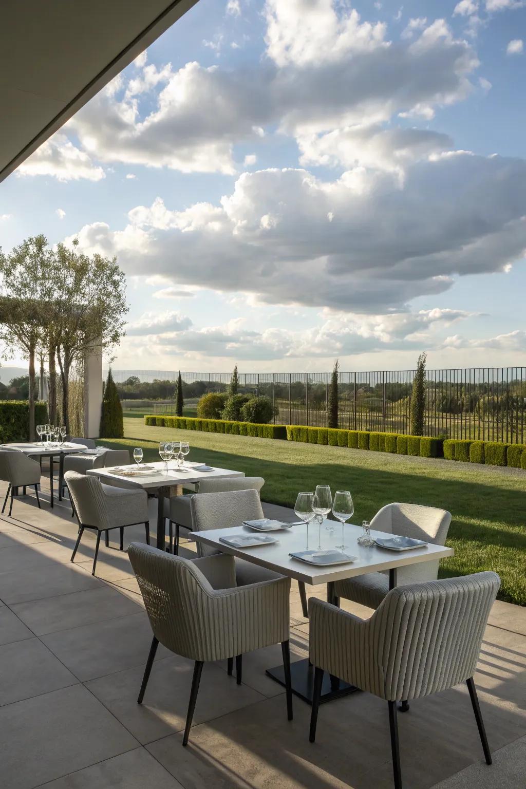 Modern design elements create a chic and contemporary dining atmosphere.