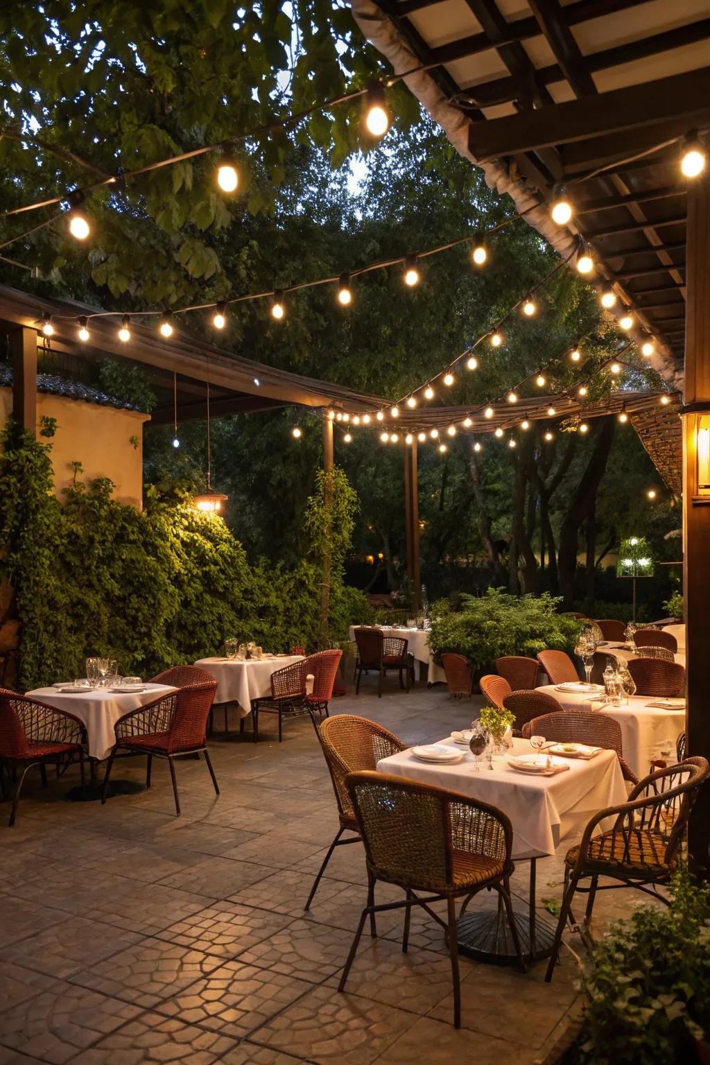A warmly lit patio with integrated string lights.