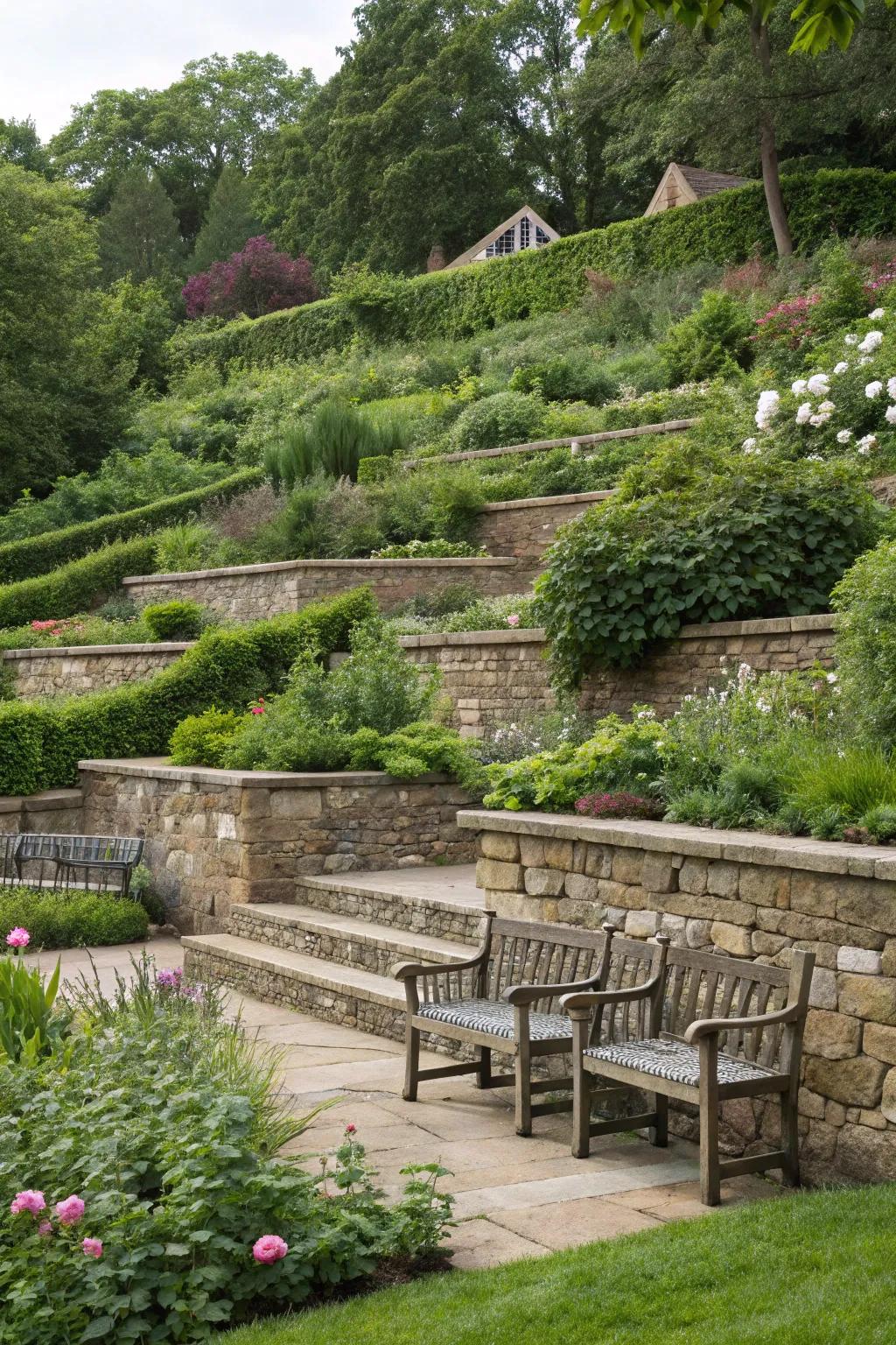 Tiered seating adds layers and interest to any outdoor space.