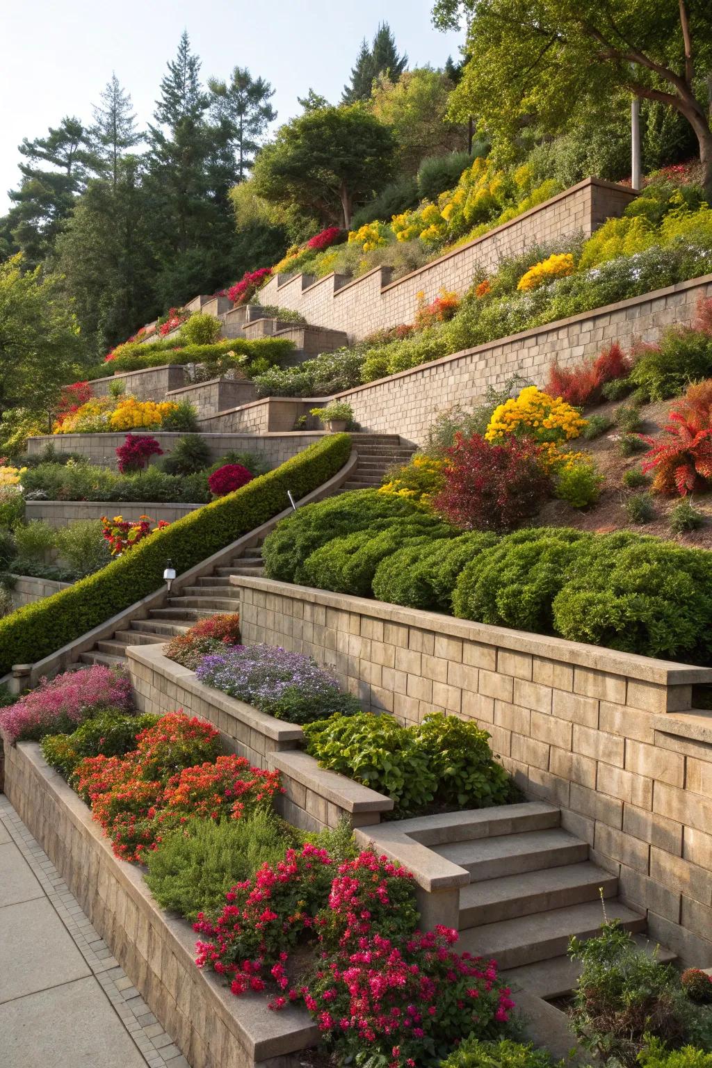 Terraced gardens maximize space and beauty on slopes.