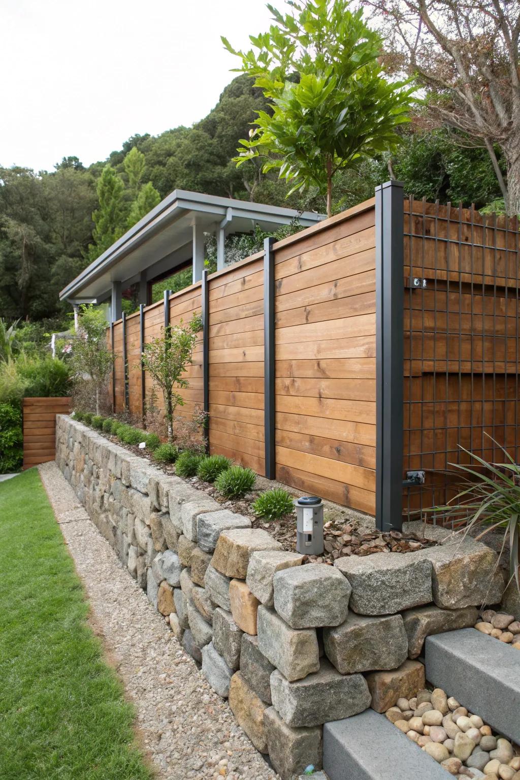 Create a unique look by mixing materials in your retaining wall.
