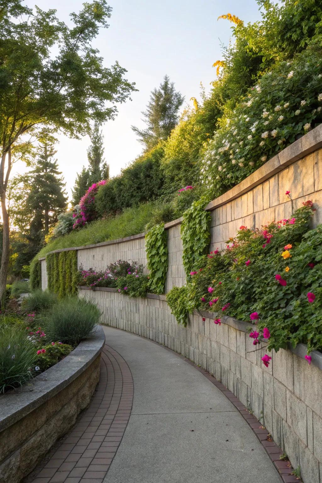 A curved retaining wall adding a soft, inviting touch to the garden.