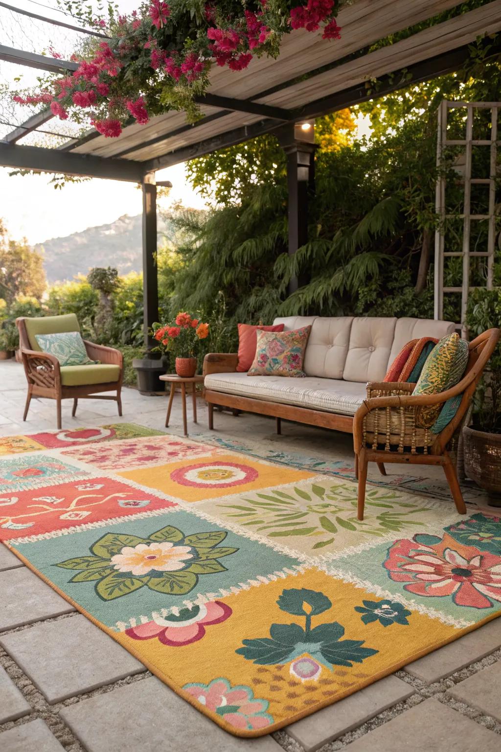 Vibrant outdoor rug tying together retro elements.