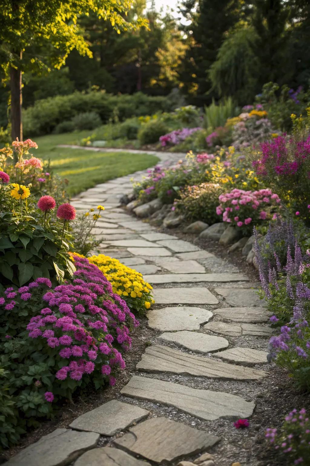 A charming pathway of riprap stones leading through a vibrant garden.