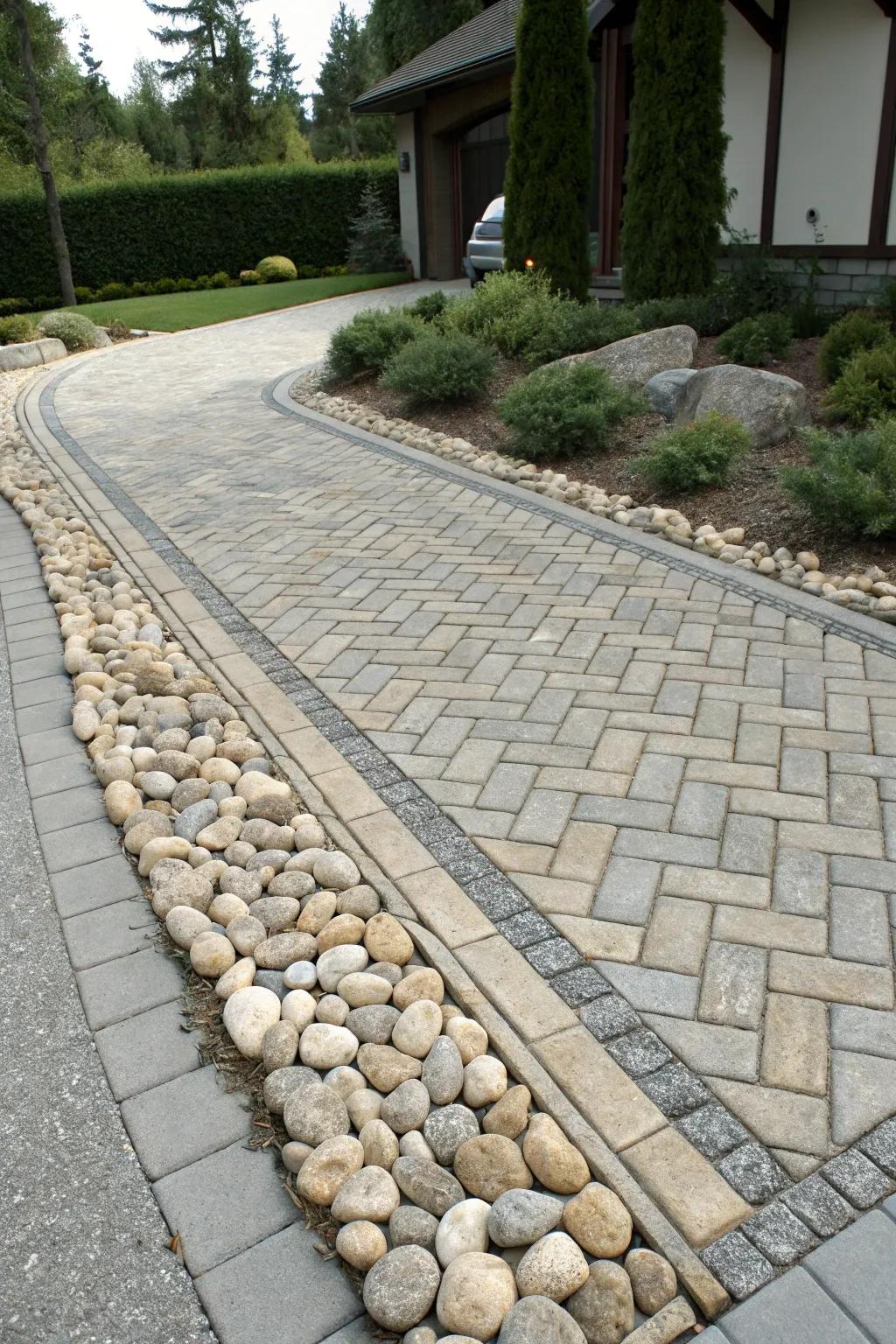 Artistic herringbone river rock pattern bordering a driveway.