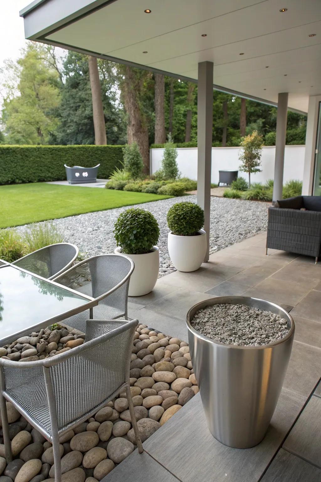 Blend modern and rustic styles with river rocks for a chic patio.