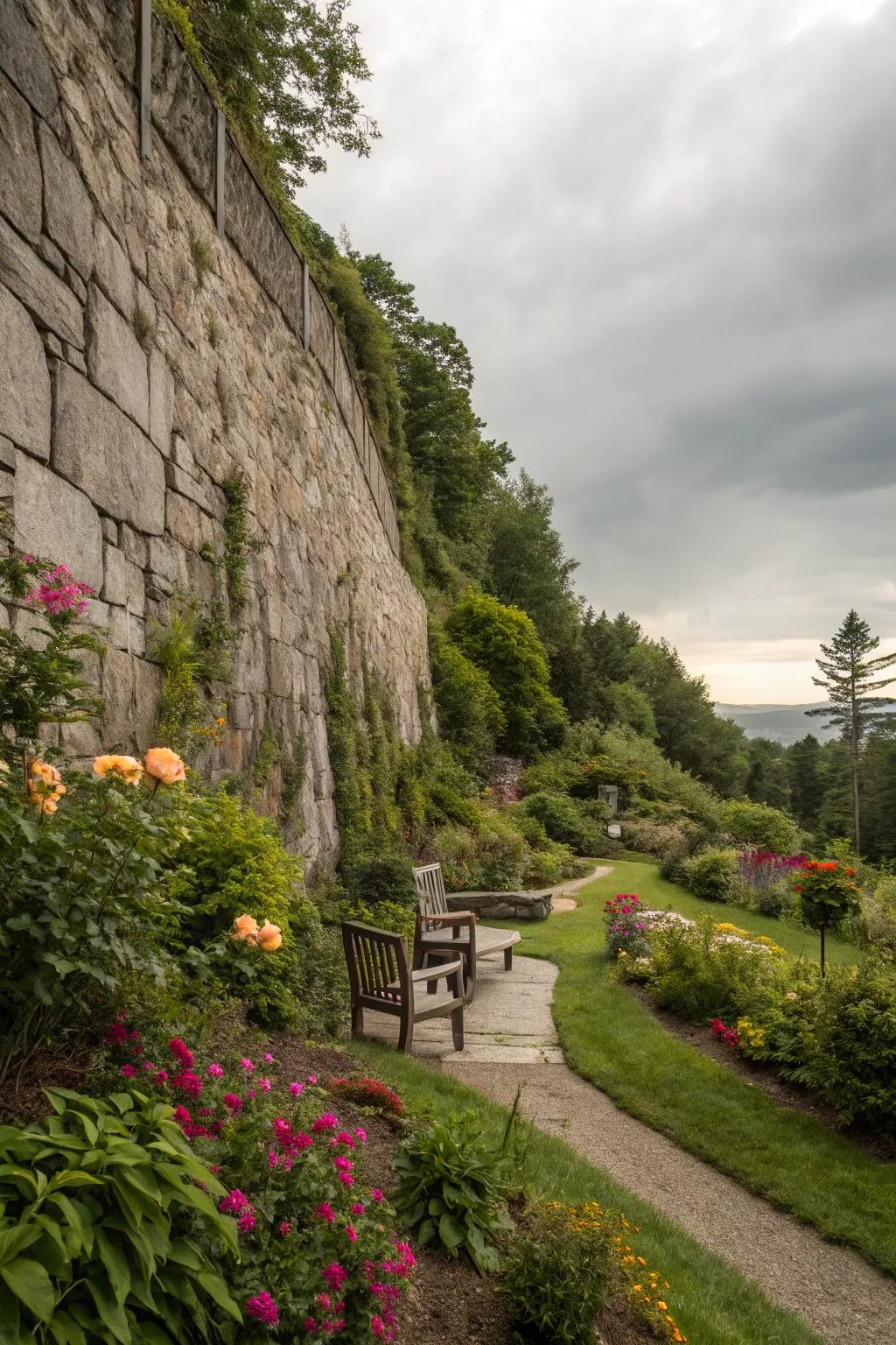 A tall rock wall offering privacy and tranquility in a garden.