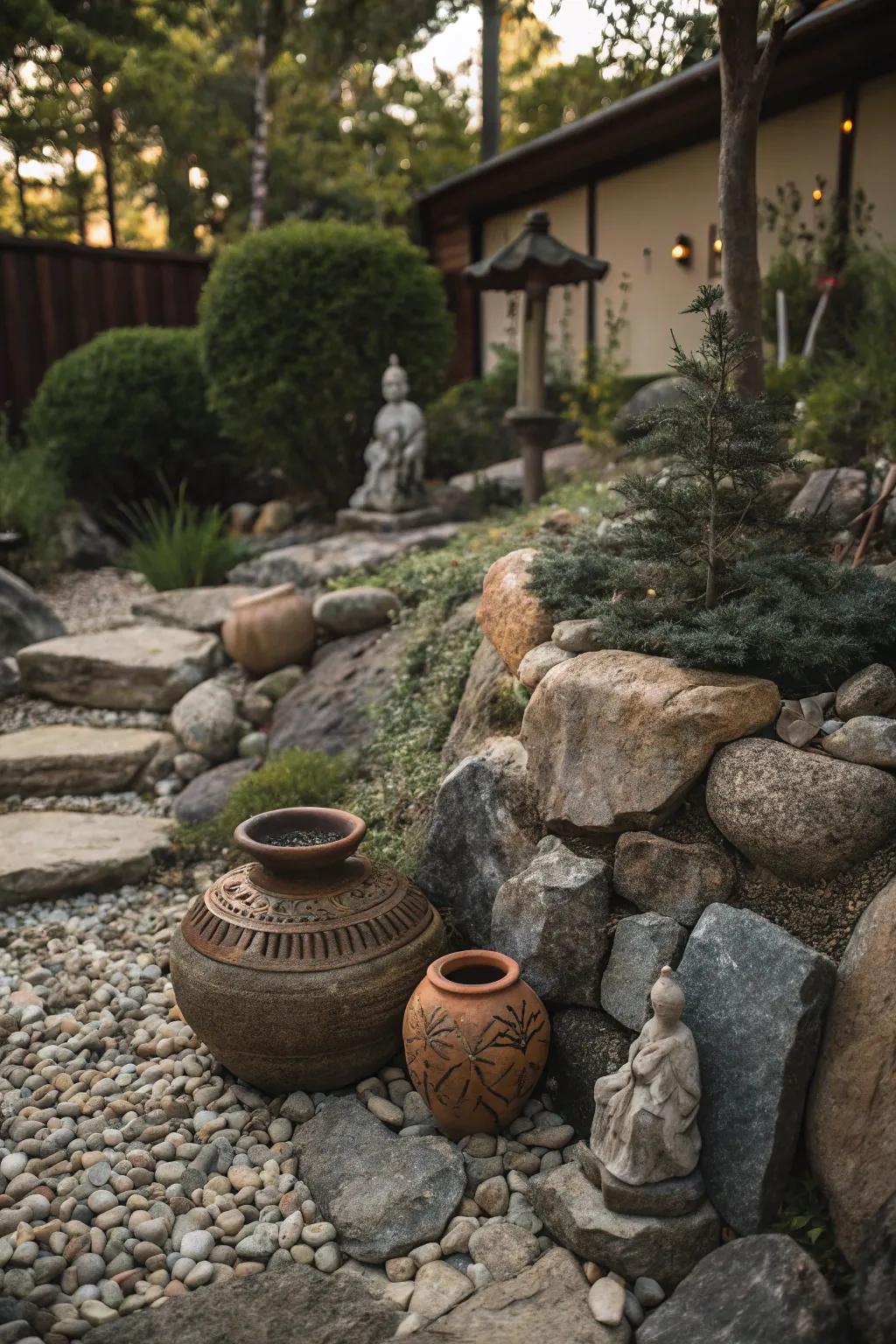 Ornamental features add personality and flair to any rock garden.