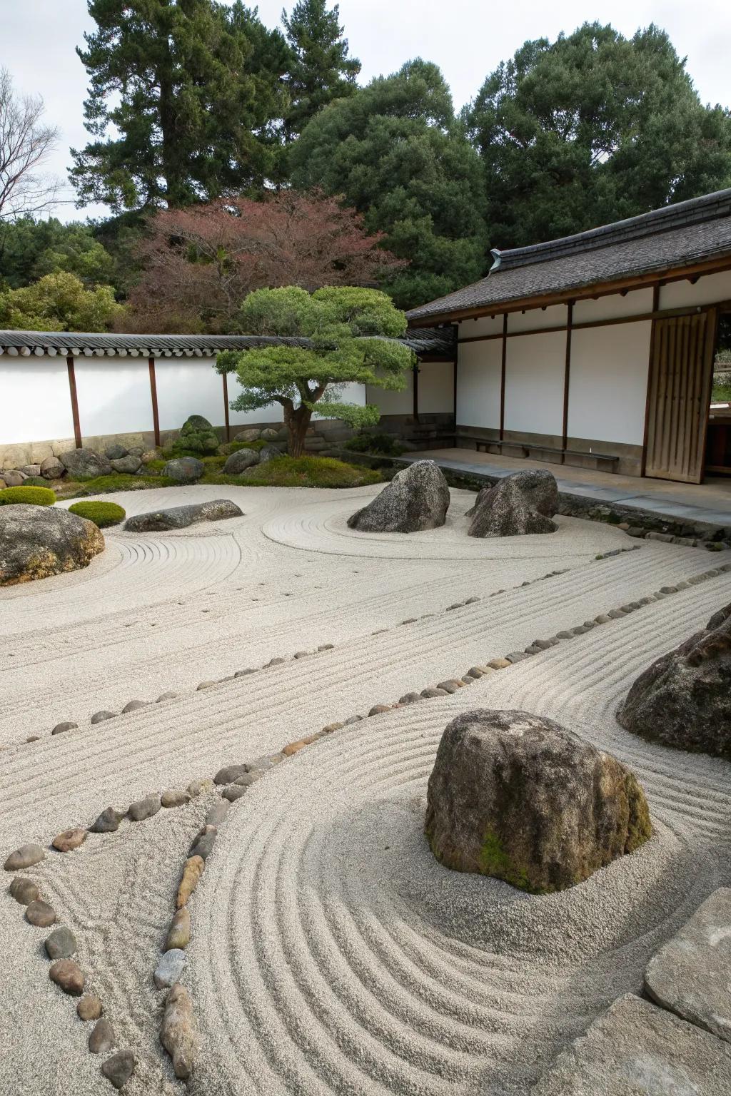 A peaceful Zen garden with meticulously raked sand and rocks.
