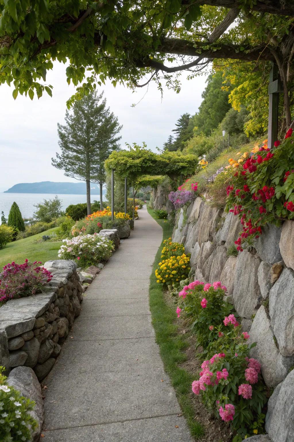 Rock walls along pathways create a cohesive garden design.
