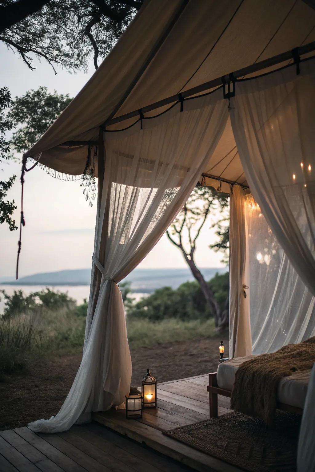 Sheer curtains add privacy and intimacy to a tent setting.