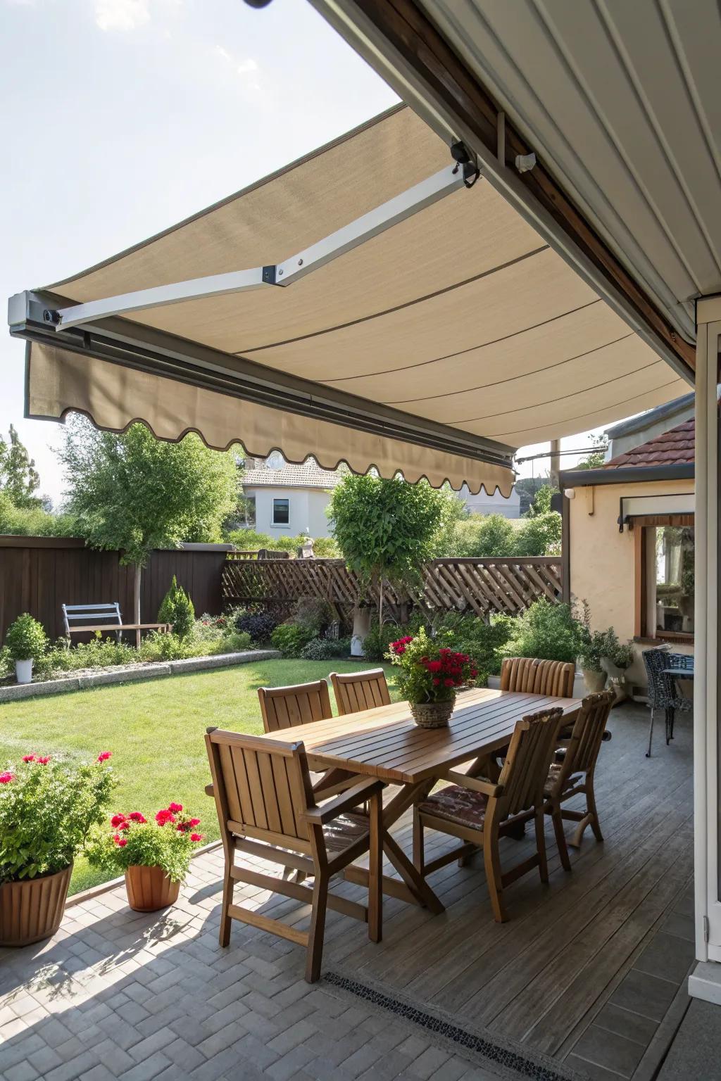Retractable awnings offer flexibility between sun and shade.