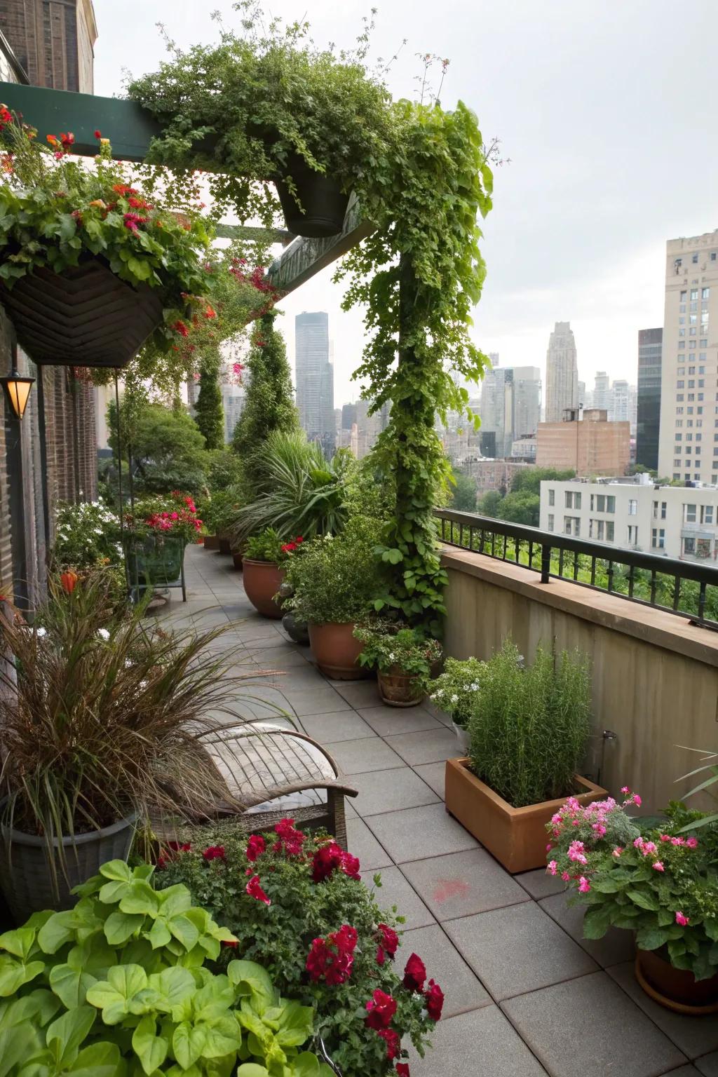 A rooftop deck transformed into a lush urban jungle.