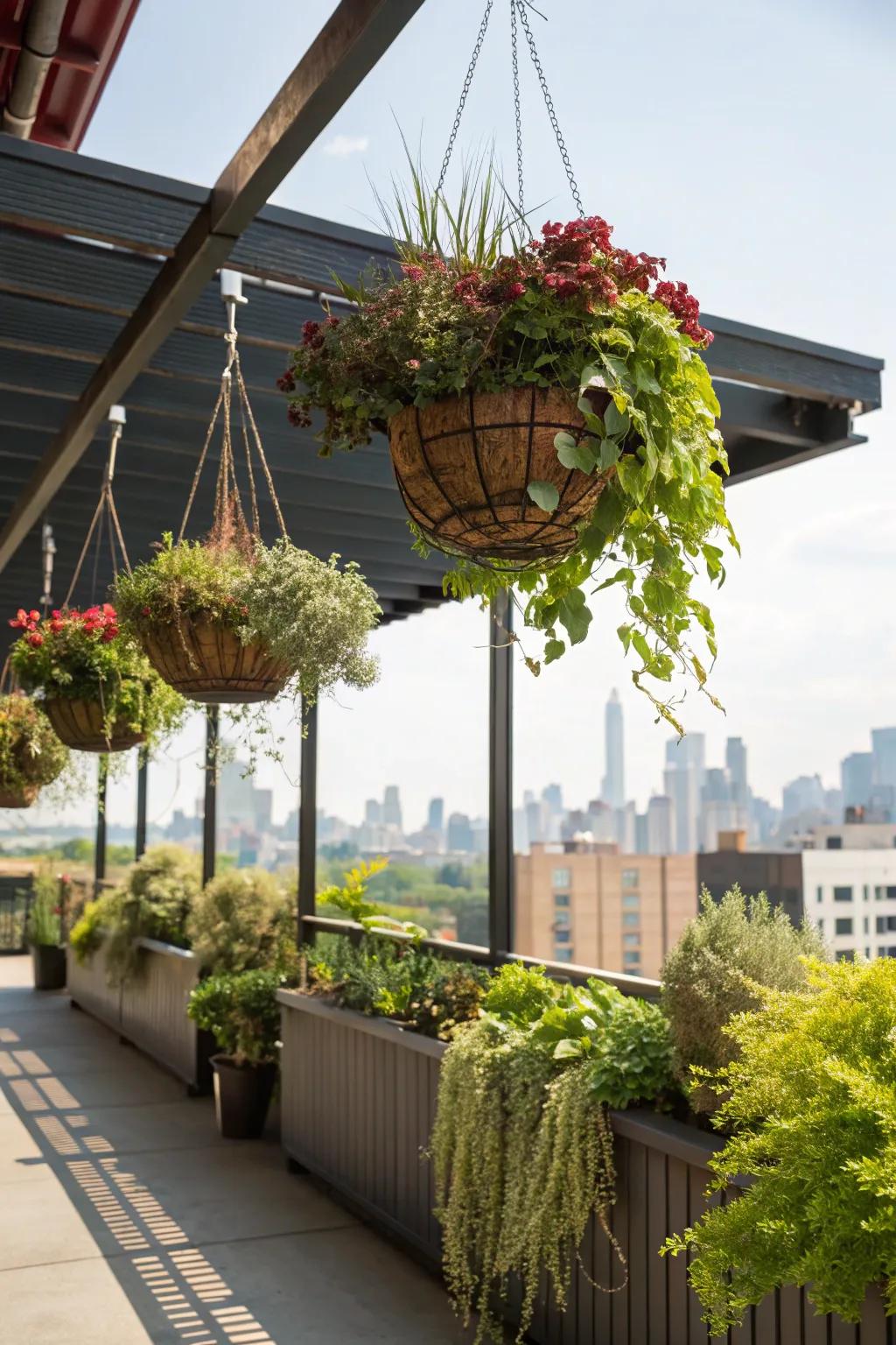Hanging planters are a stylish way to incorporate greenery.
