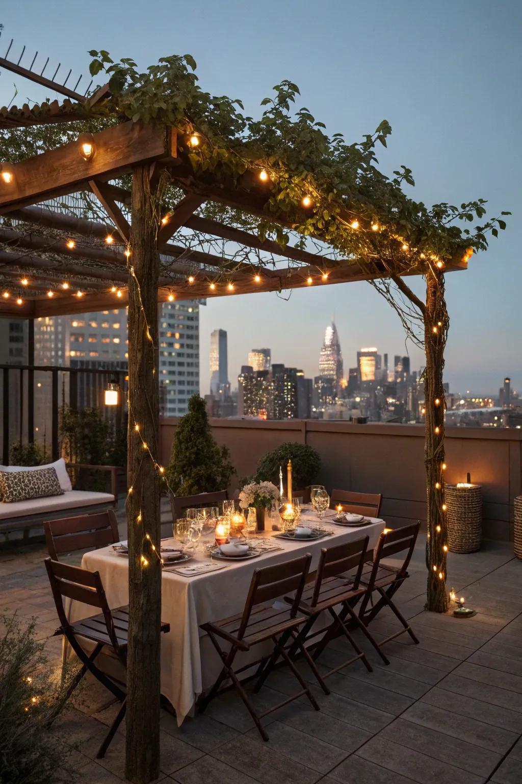 An outdoor dining oasis under a beautifully lit pergola.