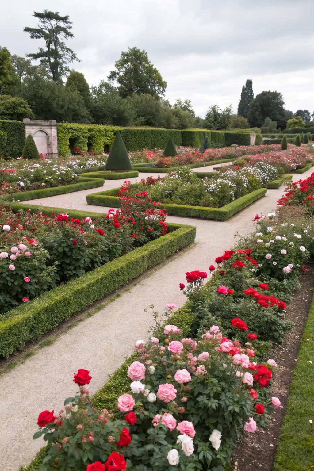 A formal rose garden with precise lines and manicured paths, exuding elegance.
