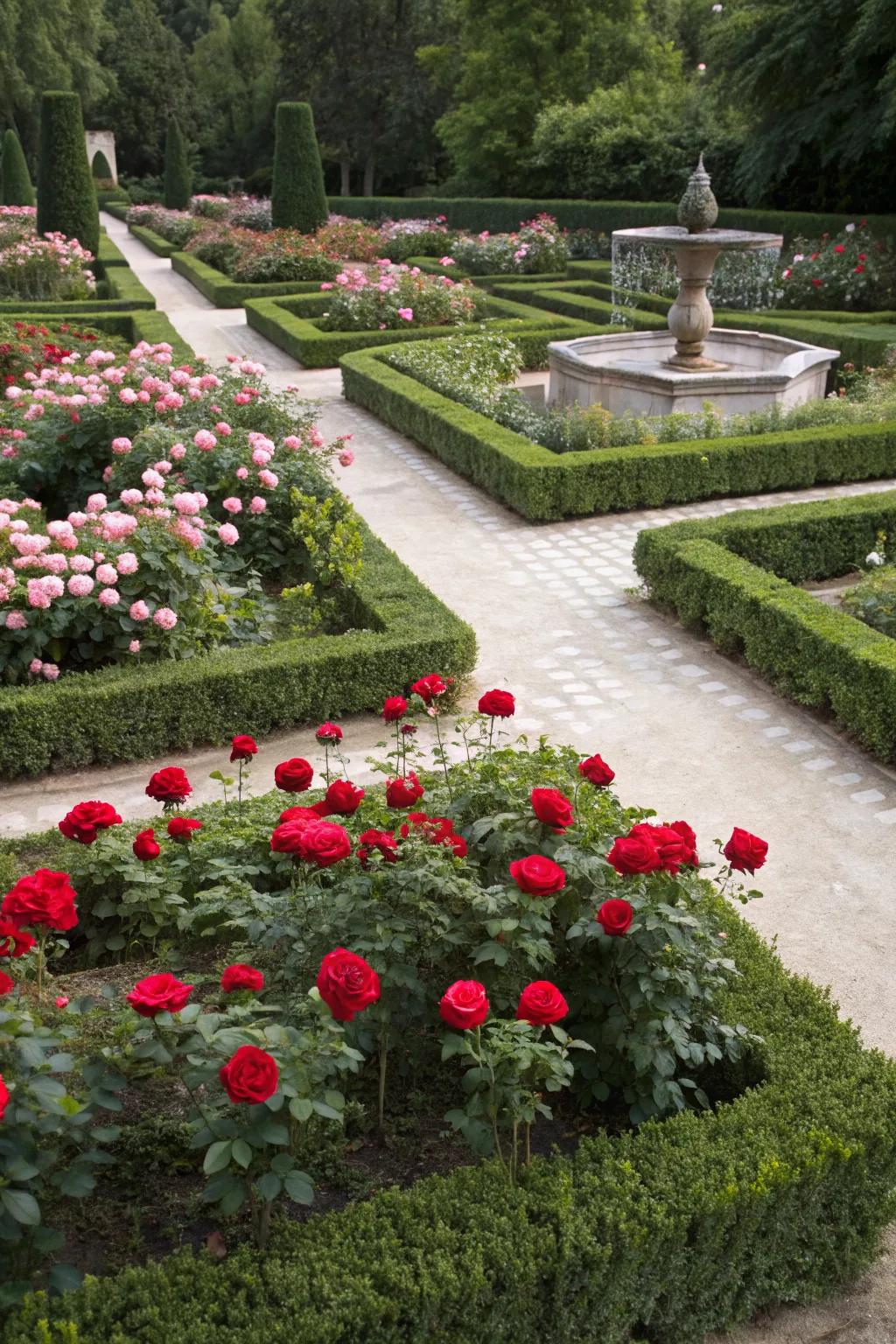 A formal garden showcasing roses in structured designs.