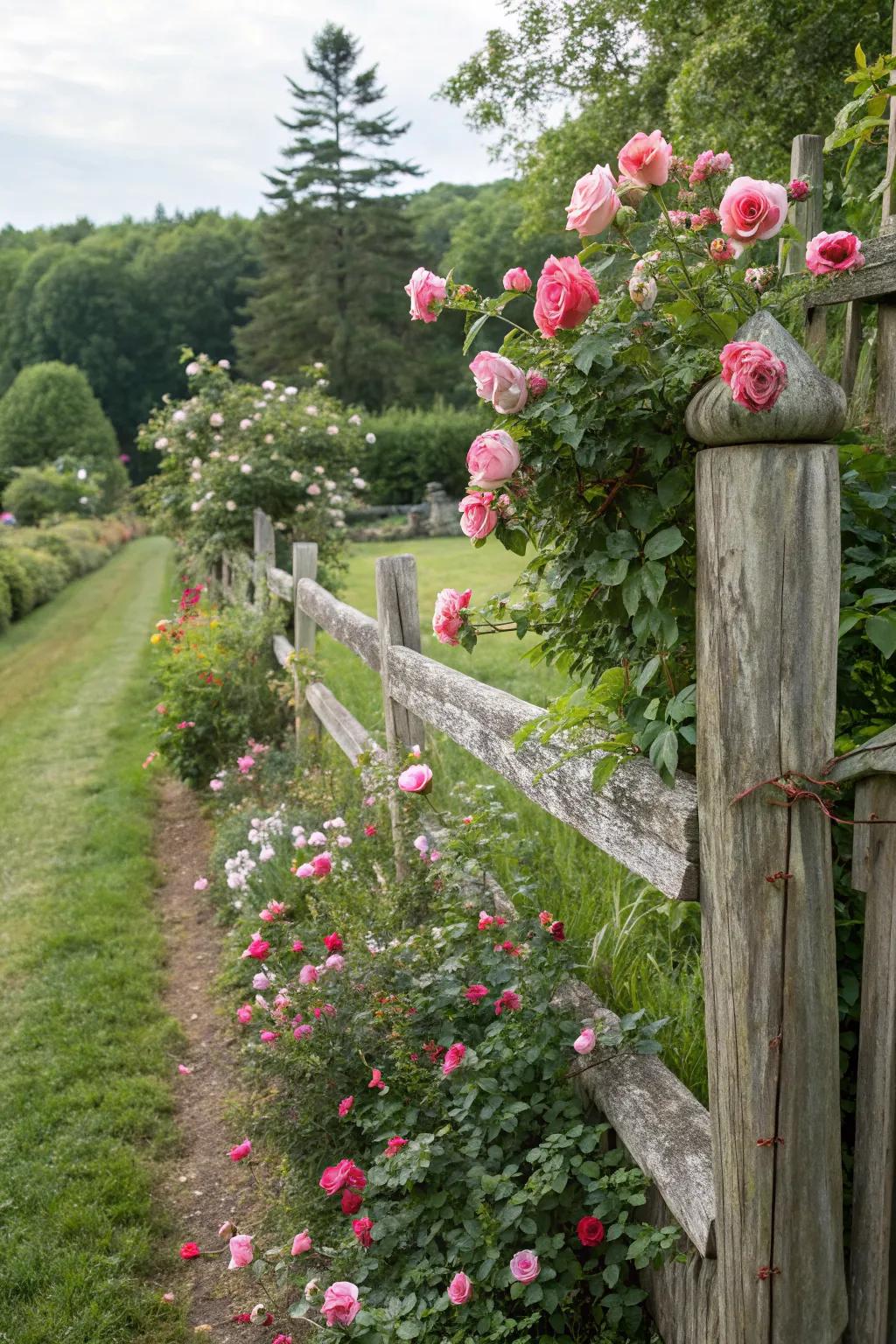 Rustic fence panels guiding roses beautifully.