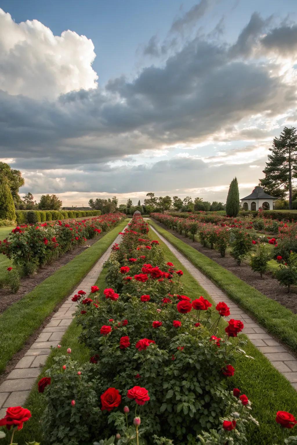 A formal rose garden with a symmetrical design.