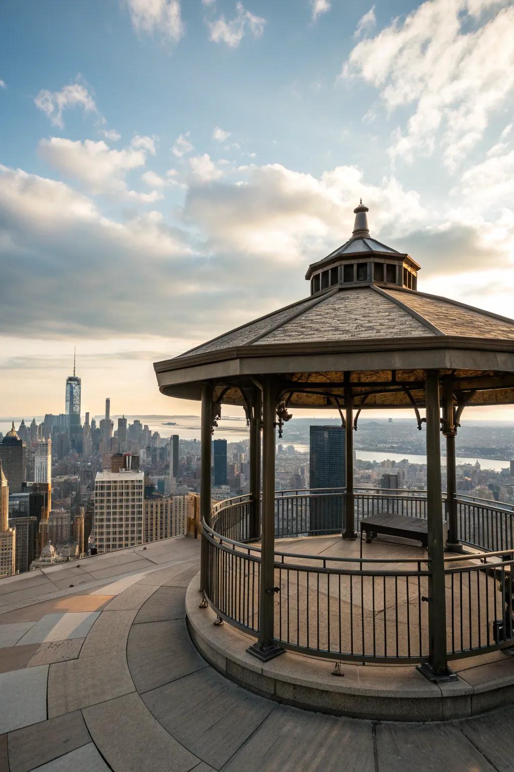 A rooftop gazebo offering breathtaking views of the city.