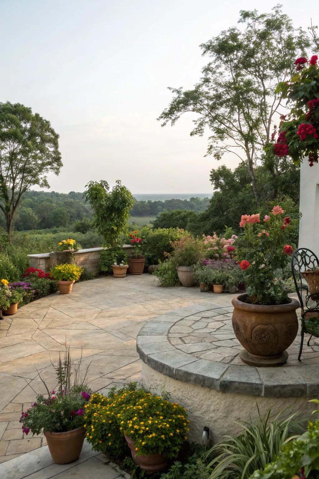 A round patio surrounded by vibrant potted plants, creating a garden oasis.