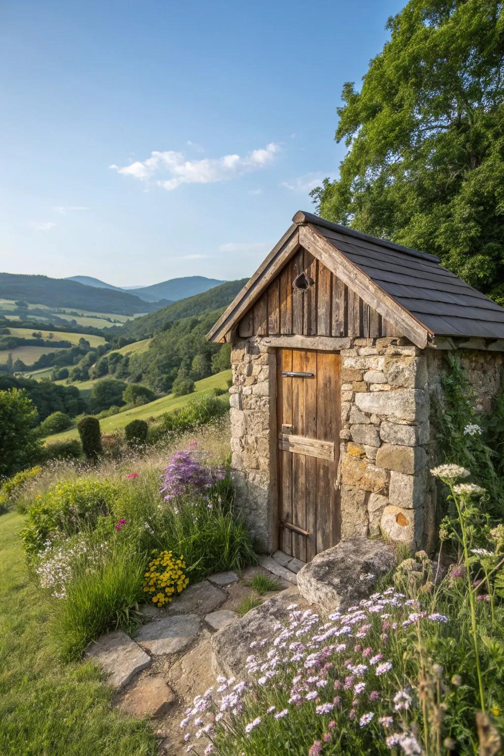 Rustic structures blend harmoniously with rural surroundings.