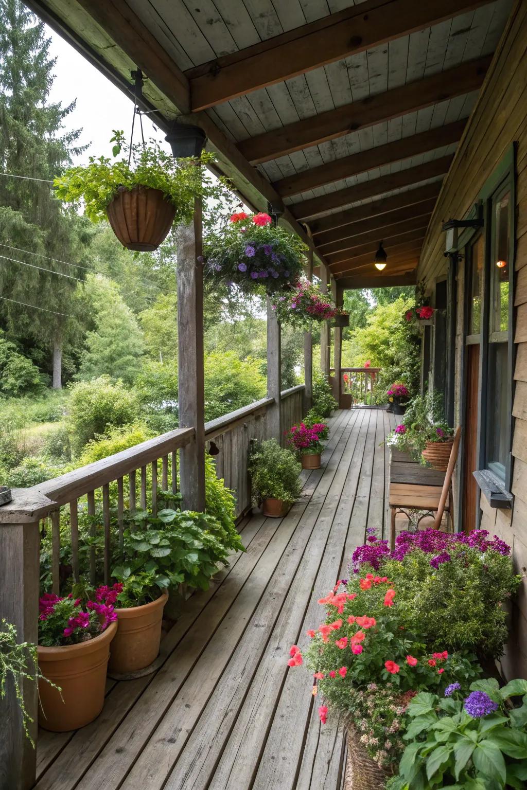 Plants and flowers bring vibrant life to a rustic porch.