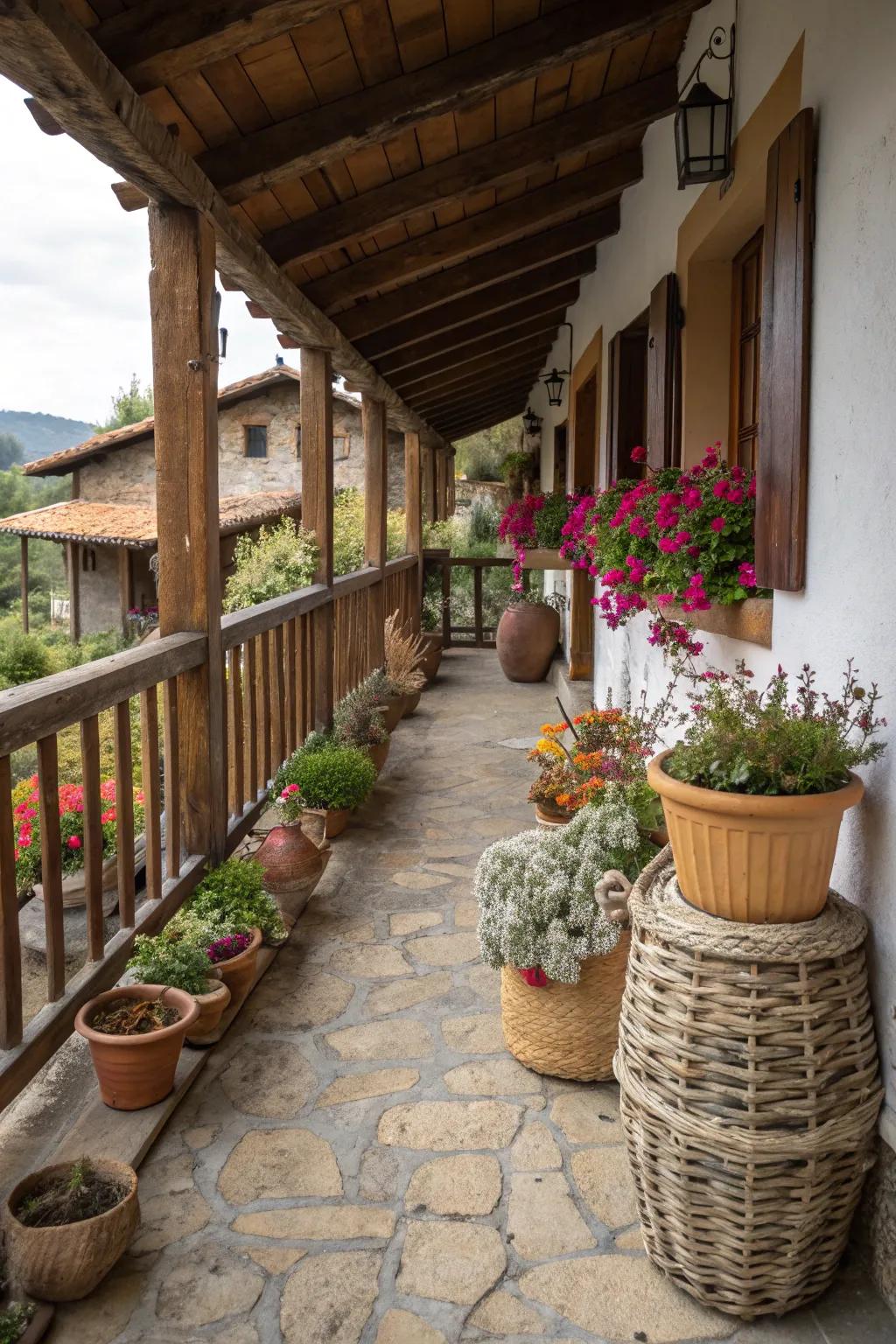 A rustic balcony decorated with pottery and unique natural art pieces.