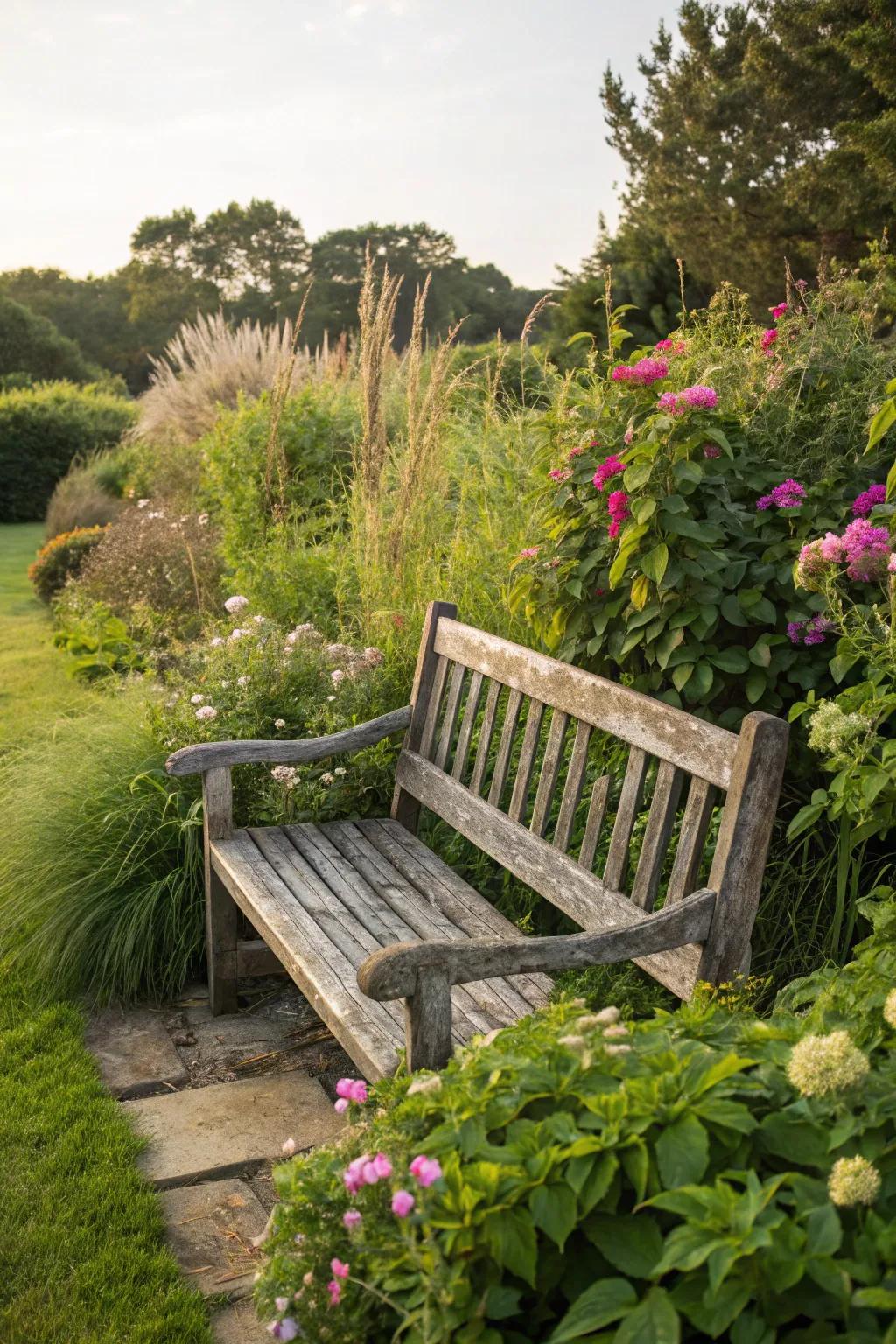 Enjoy tranquility with a rustic garden bench in your outdoor space.