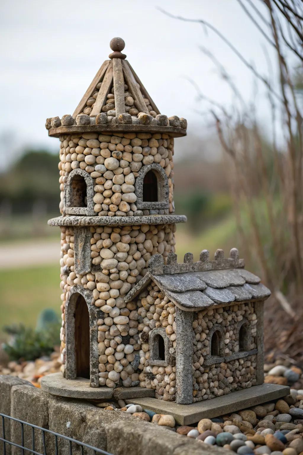 A stone-finished birdhouse, adding fairy tale elegance to your garden.