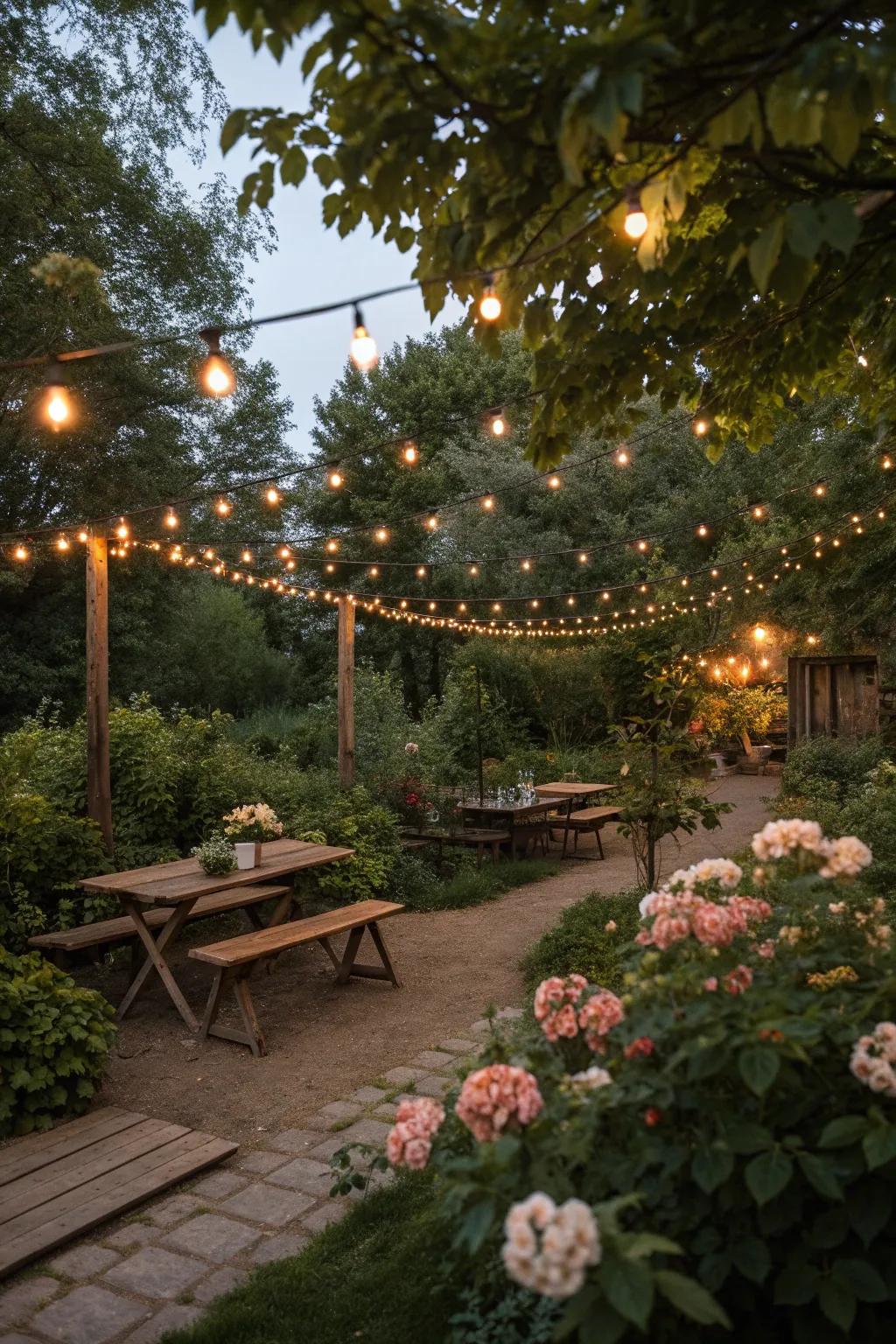 Cozy lighting in a rustic garden setting