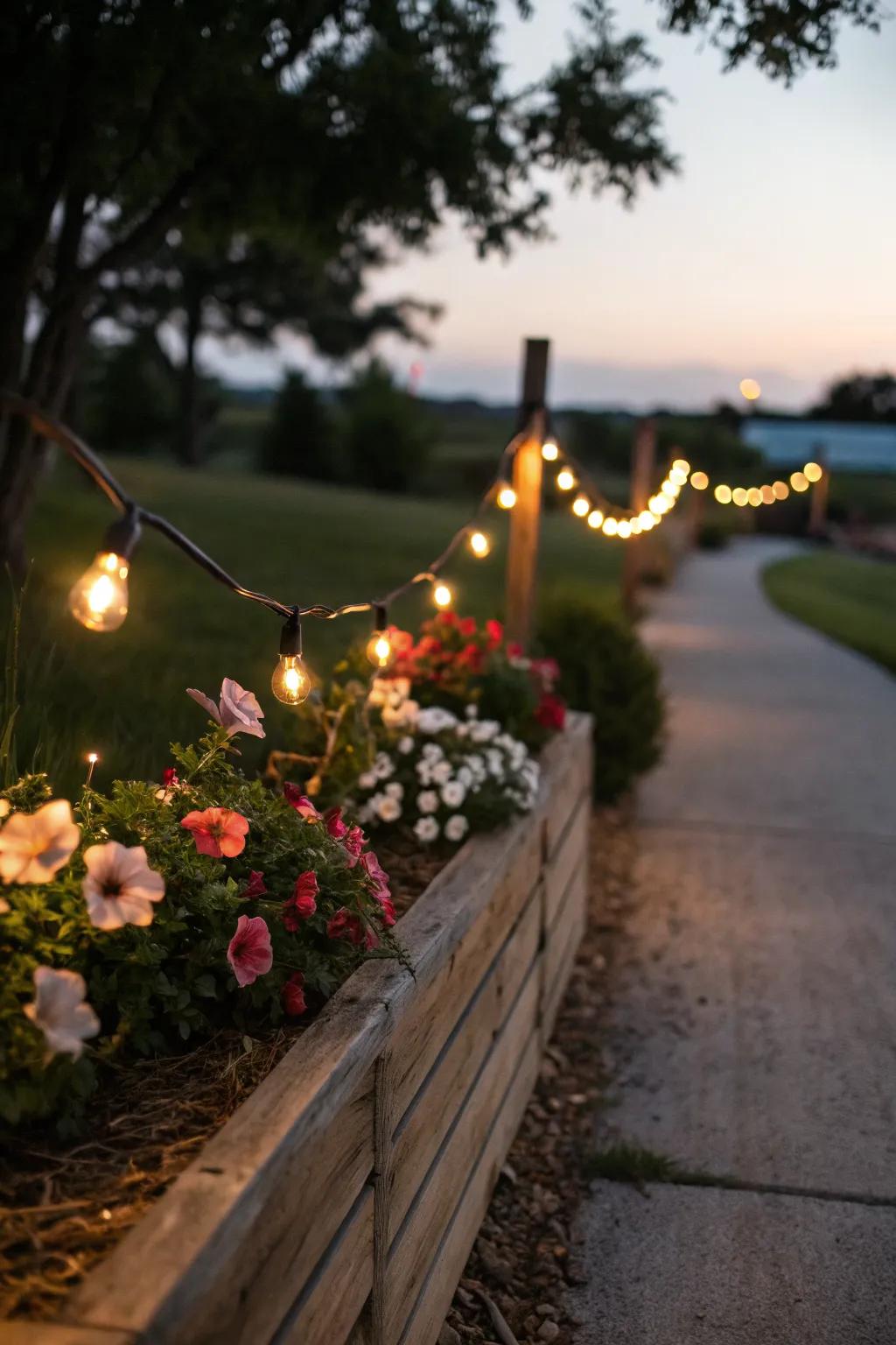 String lights add a magical ambiance to this rustic flower bed.
